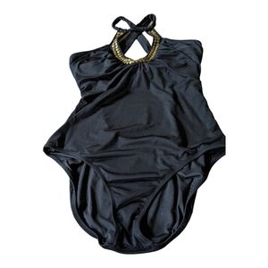 Trina Turk Black One-Piece Swimsuit with Gold Beaded Halter